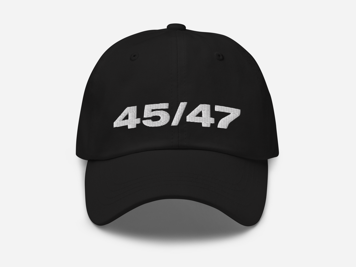 Black dad hat with '45/47' embroidered in bold white text on the front, displayed against a white background