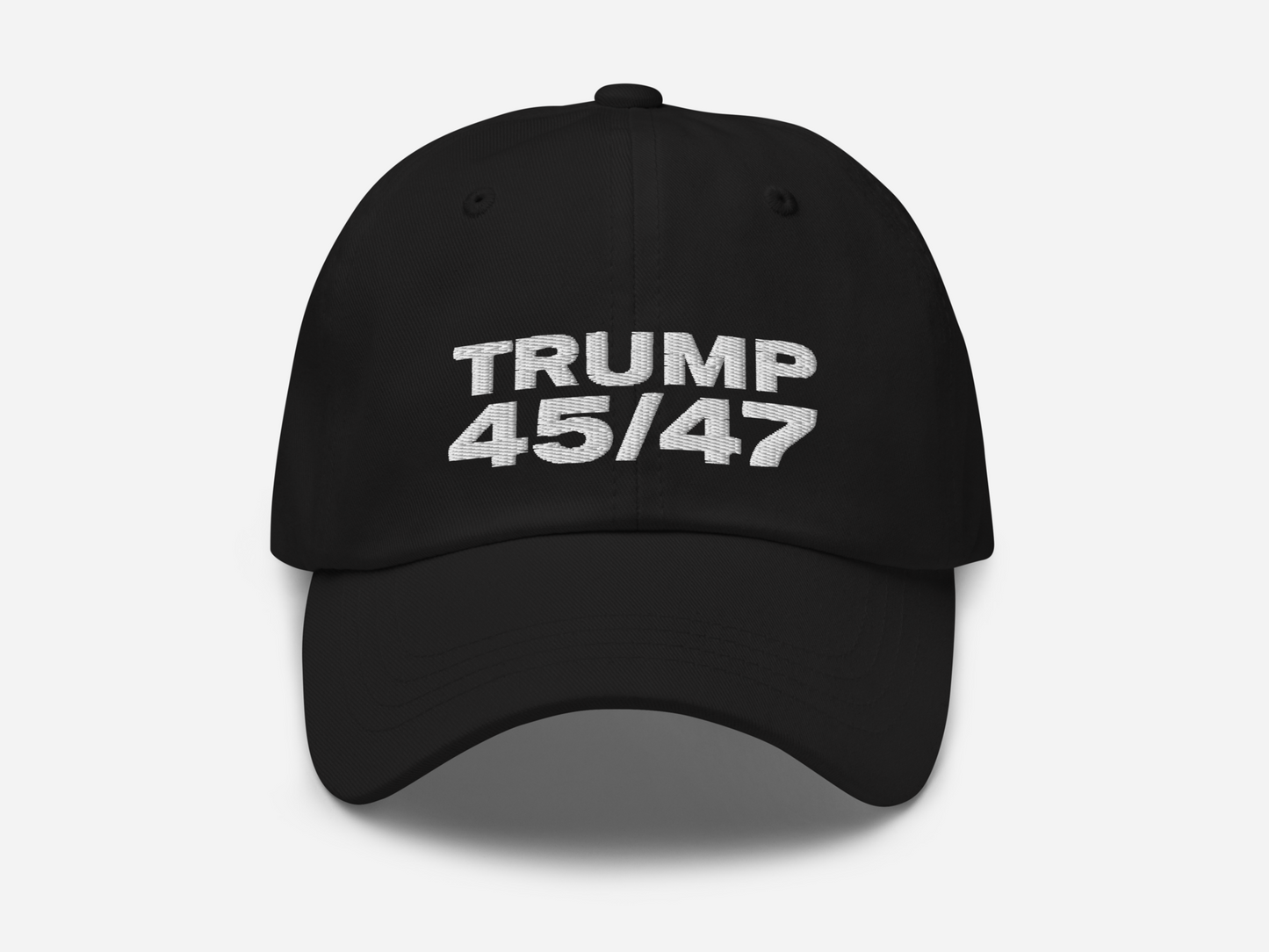 black dad hat with '45/47' embroidered in bold white text on the front, displayed against a white background