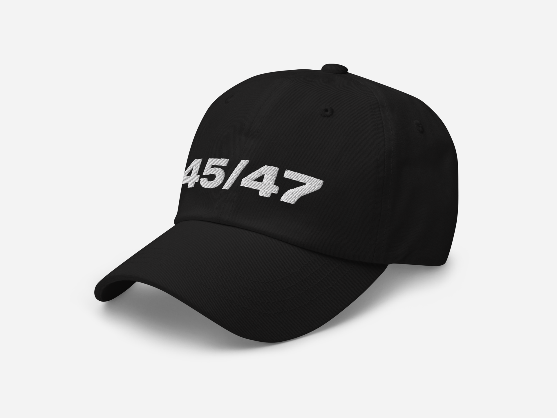 Black dad hat with '45/47' embroidered in bold white text, displayed at a left-angled front view on a white background