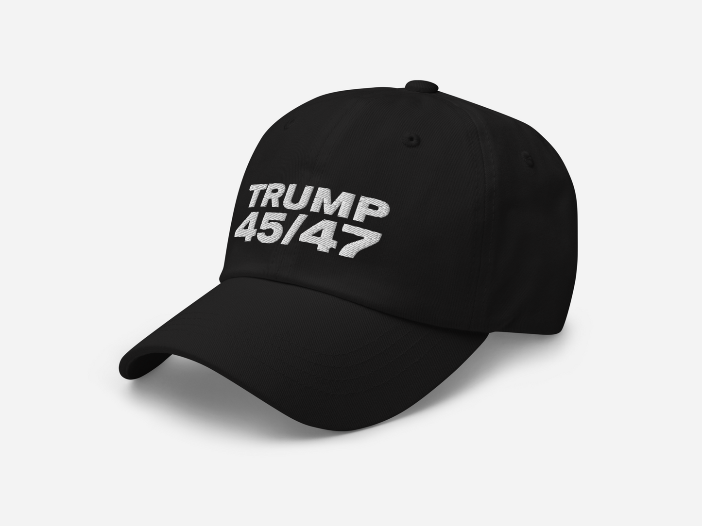 Black dad hat featuring '45/47' embroidered in bold white text, shown at a left-angled front view on a white background