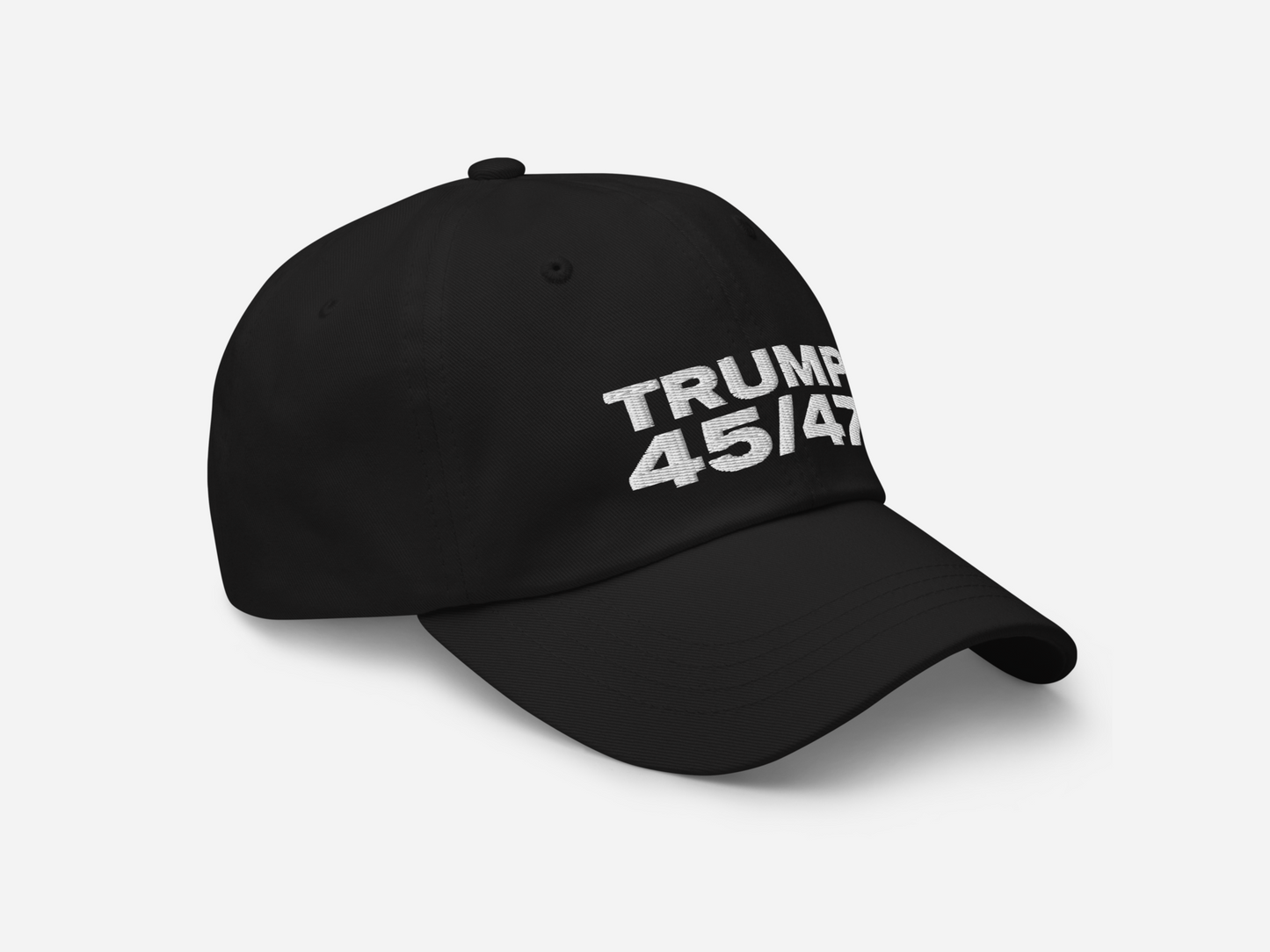 Black dad hat with '45/47' embroidered in bold white text, displayed at a right-angled front view on a white background