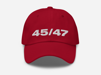 Red dad hat with '45/47' embroidered in bold white text on the front, displayed against a white background