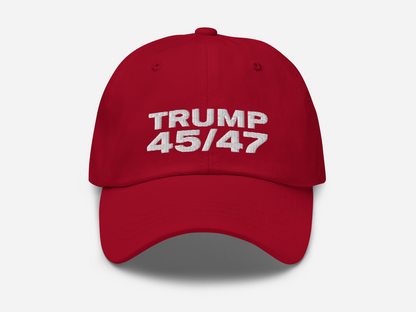 red dad hat with '45/47' embroidered in bold white text on the front, displayed against a white background