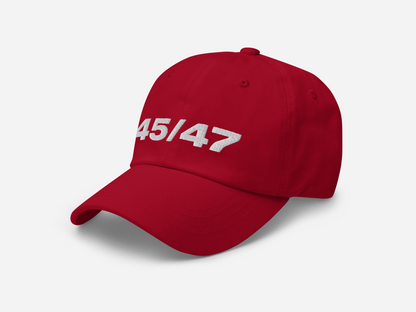 Red dad hat with '45/47' embroidered in bold white text, displayed at a left-angled front view on a white background