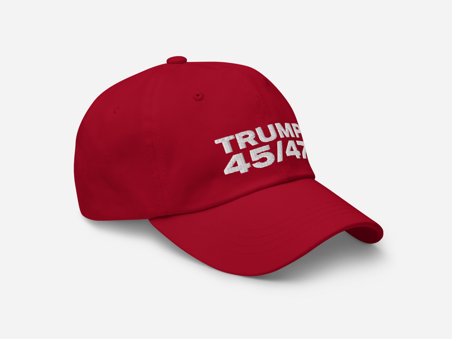 Red dad hat with '45/47' embroidered in bold white text, displayed at a right-angled front view on a white background