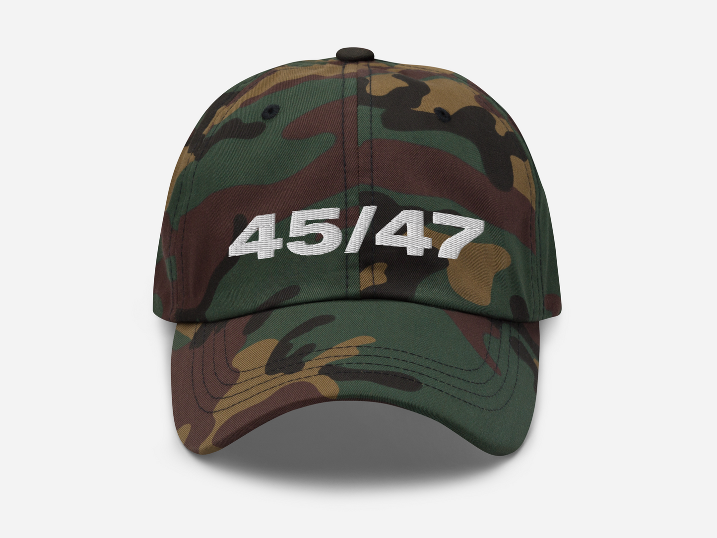 Green camouflage dad hat with '45/47' embroidered in bold white text on the front, displayed against a white background