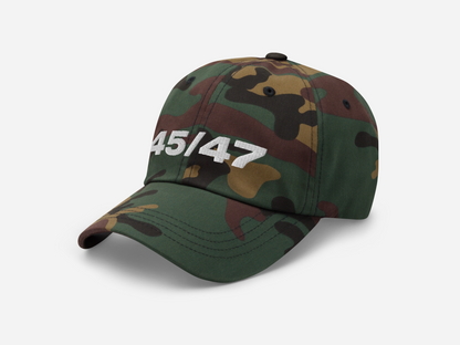 Green camouflage dad hat with '45/47' embroidered in bold white text, displayed at a left-angled front view on a white background