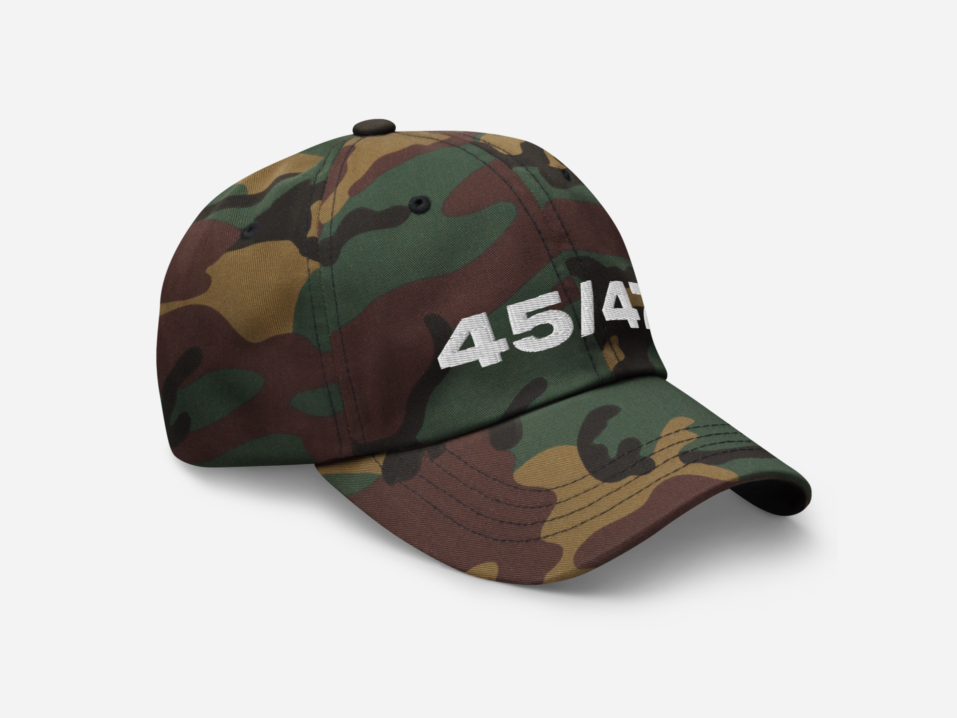 Green camouflage dad hat with '45/47' embroidered in bold white text, displayed at a right-angled front view on a white background