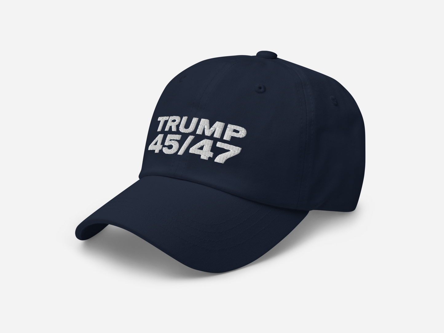 Navy dad hat featuring '45/47' embroidered in bold white text, shown at a left-angled front view on a white background