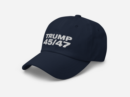 Navy dad hat featuring '45/47' embroidered in bold white text, shown at a left-angled front view on a white background