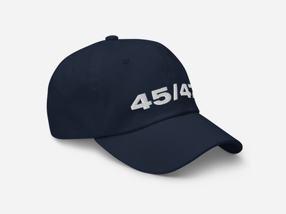 Navy dad hat with '45/47' embroidered in bold white text, displayed at a right-angled front view on a white background