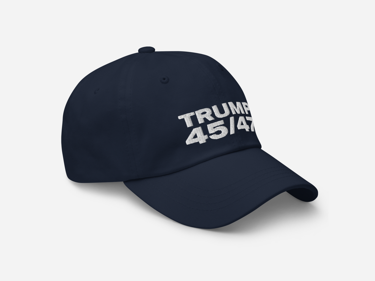 Navy dad hat with '45/47' embroidered in bold white text, displayed at a right-angled front view on a white background