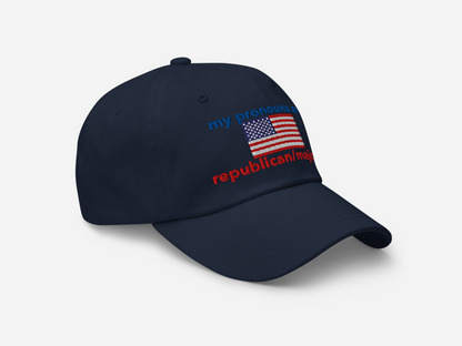 A navy dad hat featuring "my pronouns are republican/majority" embroidery with detailed a American flag design, shown from the right-front angle, emphasizing the clean, adjustable strap, structured fit and highlighting the curved brim and stitching details