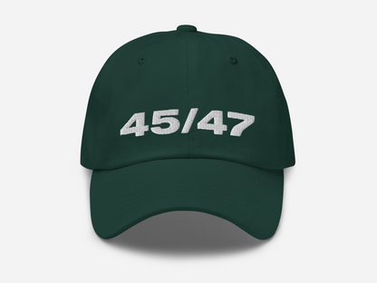 Spruce dad hat with '45/47' embroidered in bold white text on the front, displayed against a white background