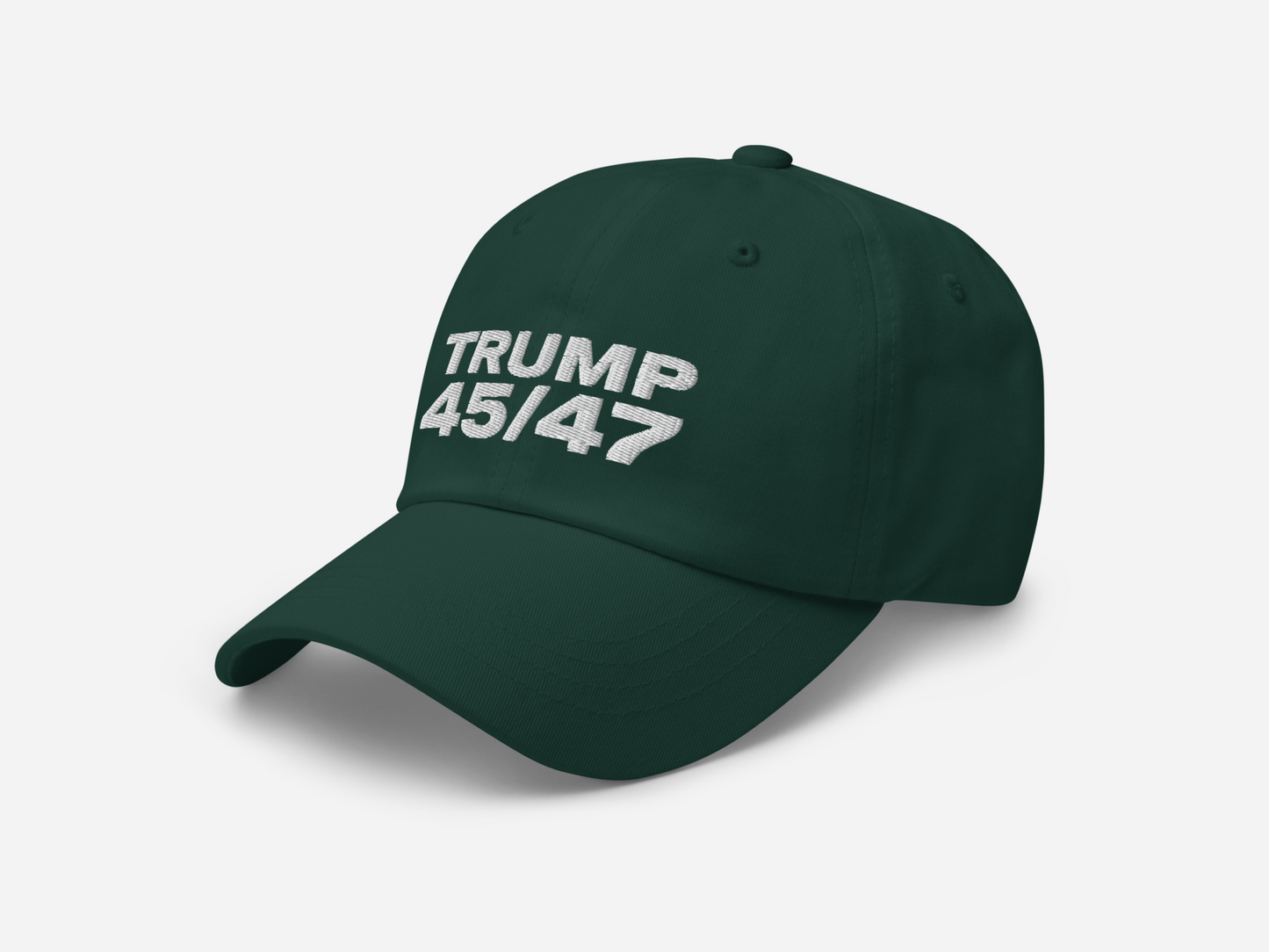 Spruce dad hat featuring '45/47' embroidered in bold white text, shown at a left-angled front view on a white background