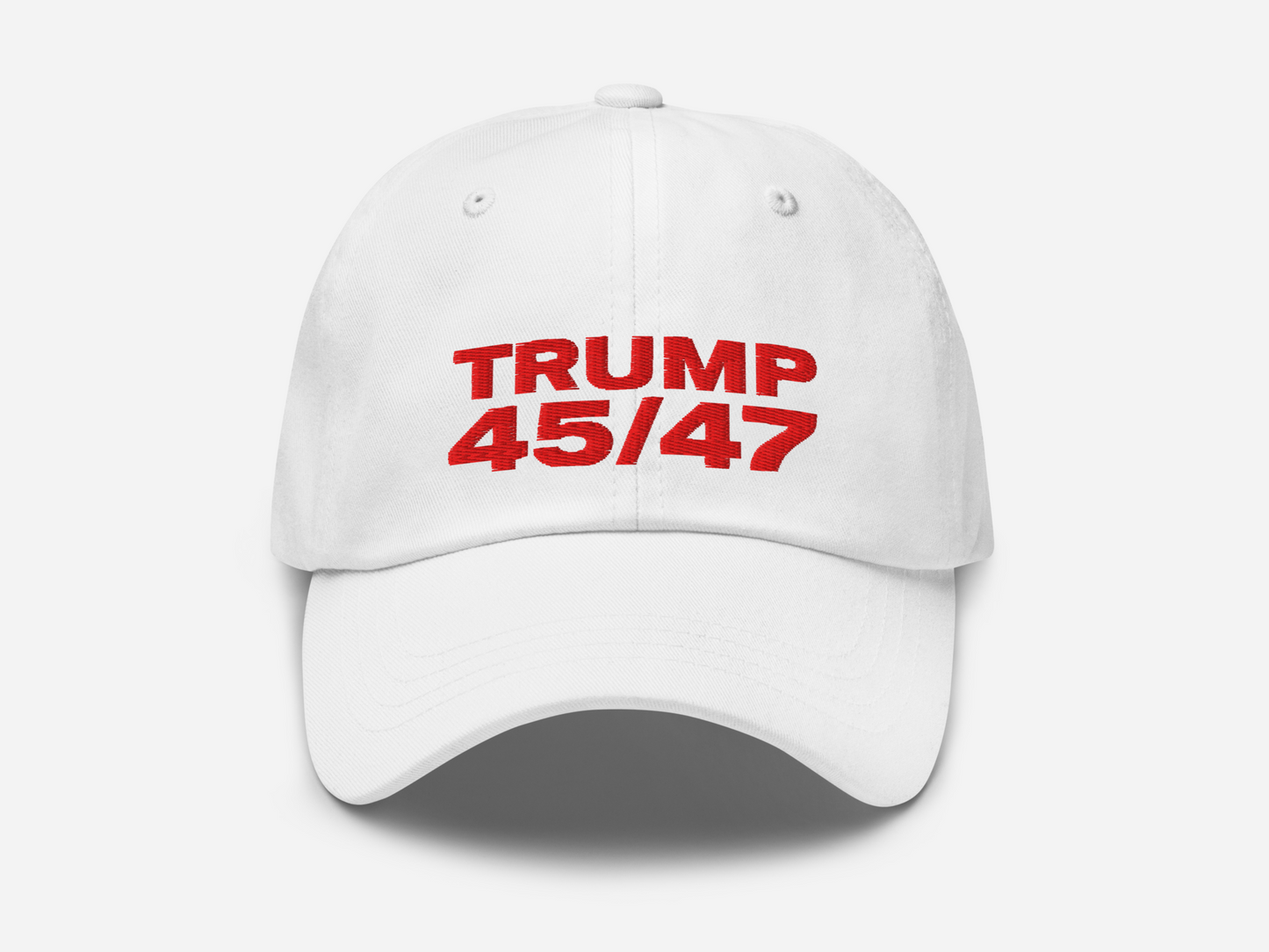 white dad hat with '45/47' embroidered in bold red text on the front, displayed against a white background