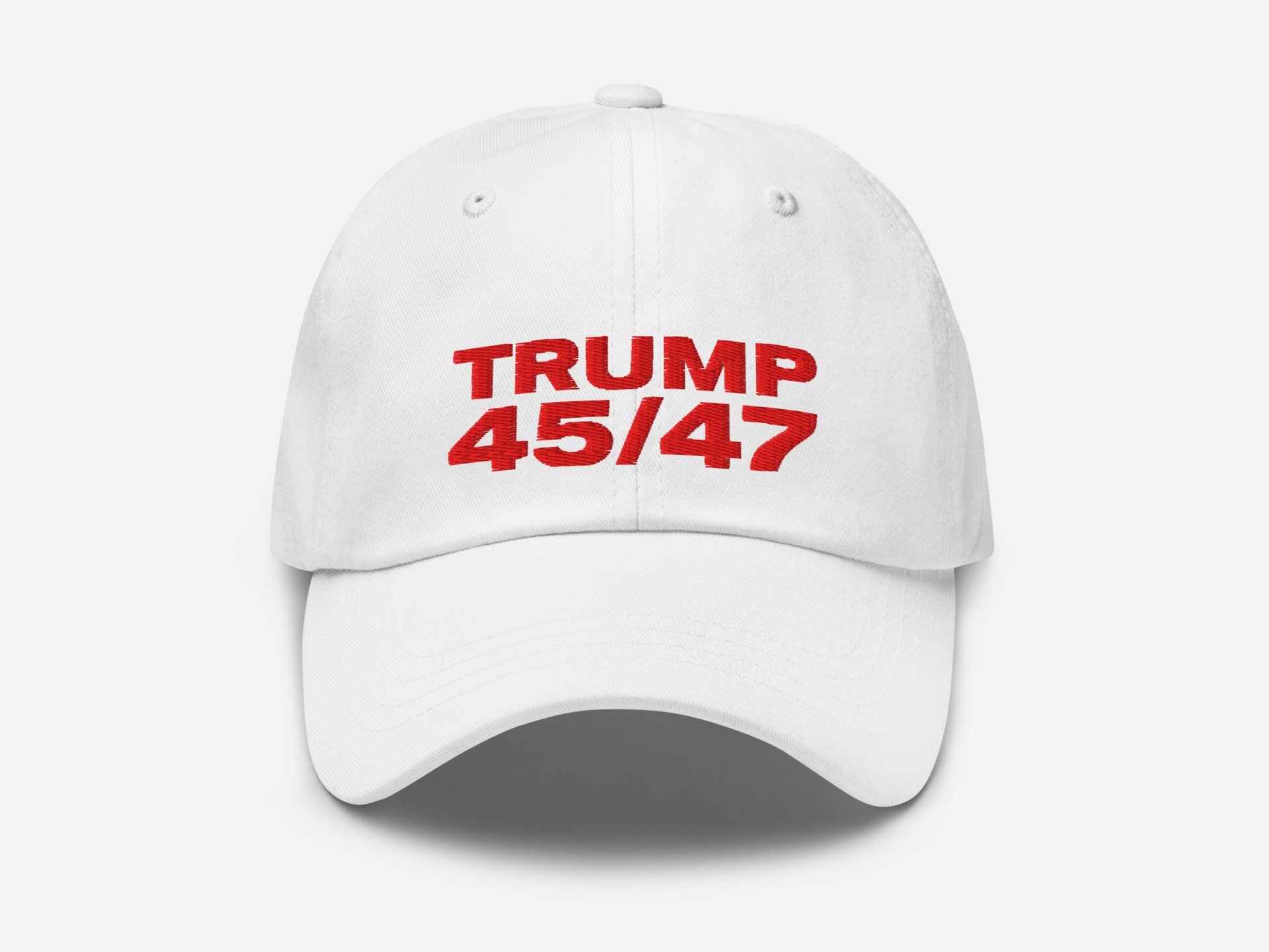 white dad hat with '45/47' embroidered in bold red text on the front, displayed against a white background