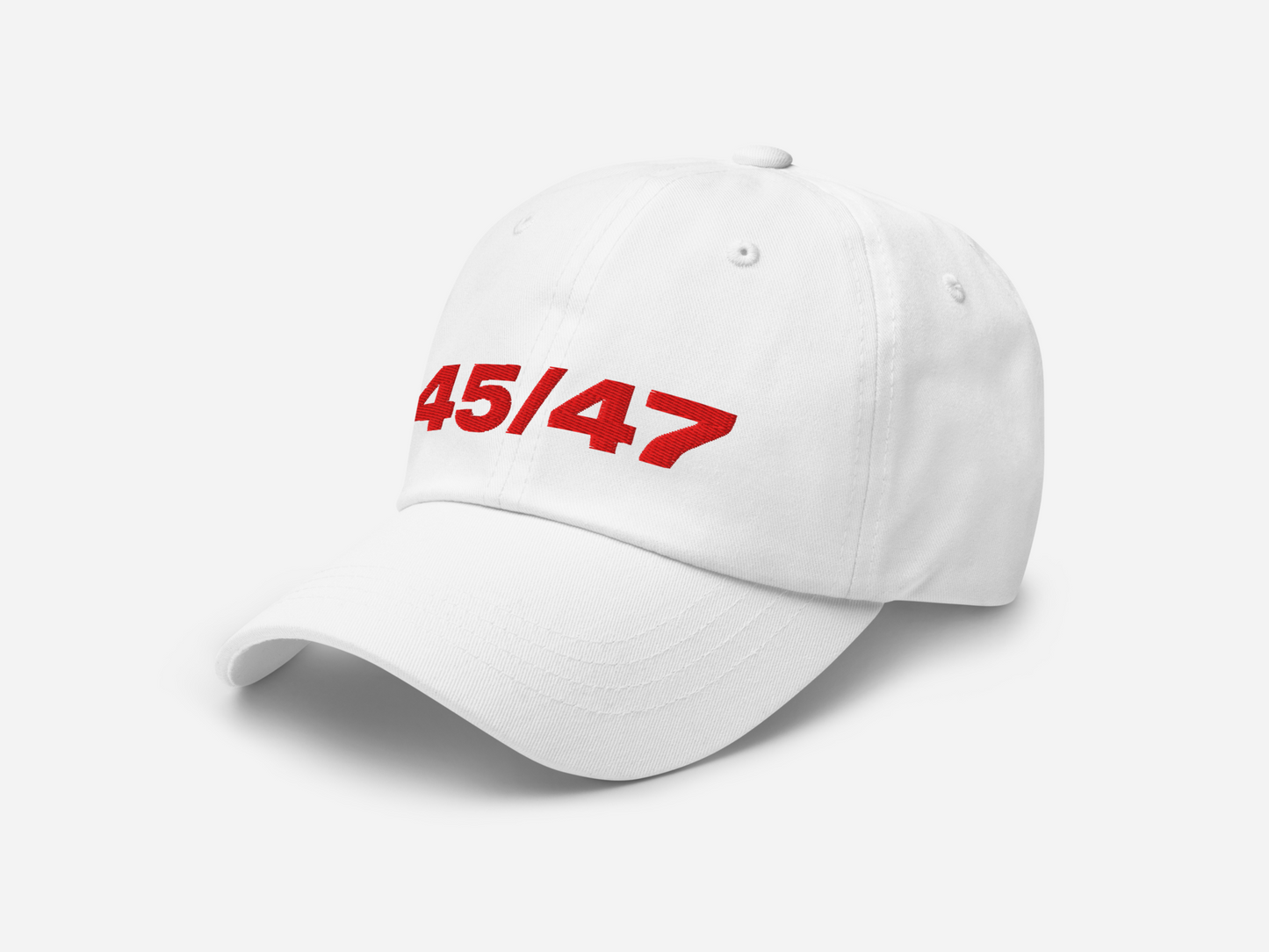 White dad hat with '45/47' embroidered in bold red text, displayed at a left-angled front view on a white background