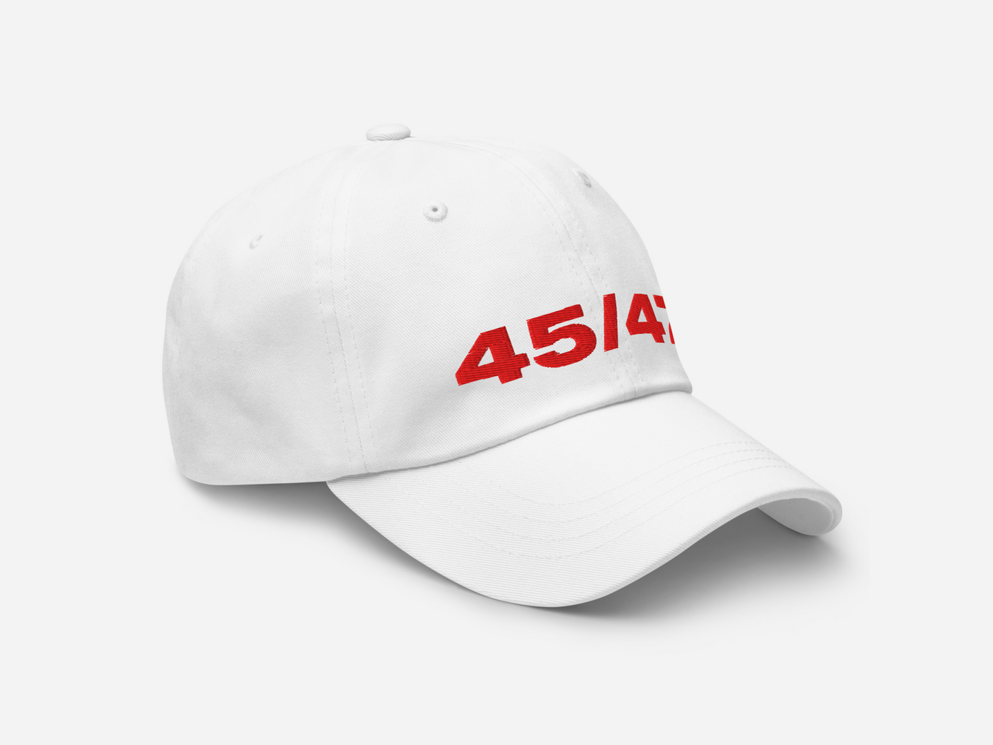 White dad hat with '45/47' embroidered in bold red text, displayed at a right-angled front view on a white background