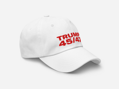 white dad hat with '45/47' embroidered in bold red text, displayed at a right-angled front view on a white background