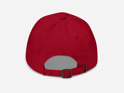 back view of a red Dad Hat displayed on white background